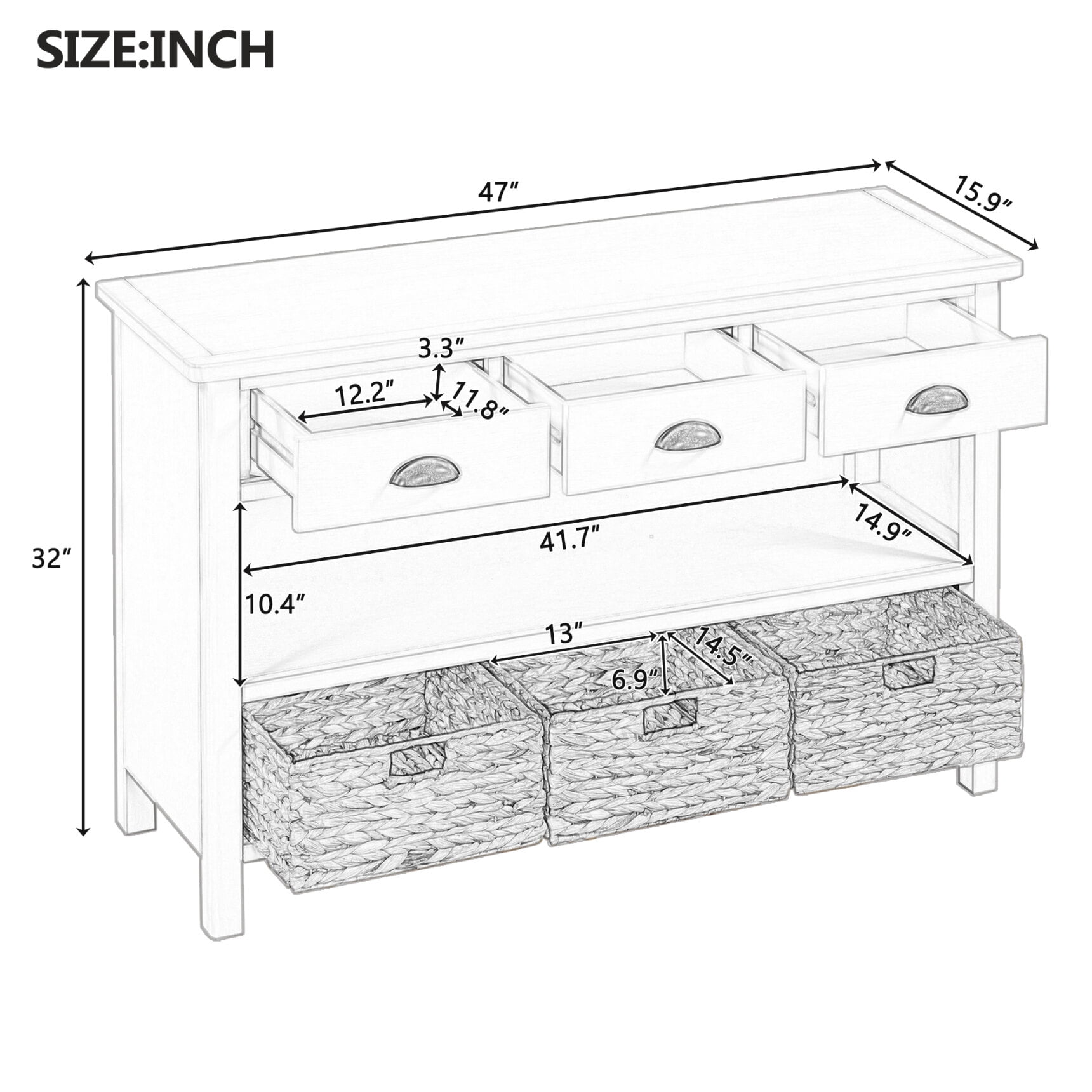 47" Retro Console Table with 3 Storage Drawers, Entryway Table with 3 Water Hyacinth Woven Baskets and Shelf, Wooden Buffet Cabinet for Entryway Hallway Living Room, Antique White
