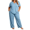 thumbnail image 3 of PJ Sets for Woman Fashionable Oversized Solid Color Button V Neck Short Sleeved Shirt Long Pants Casual Home Suit Set XXXL, 3 of 6