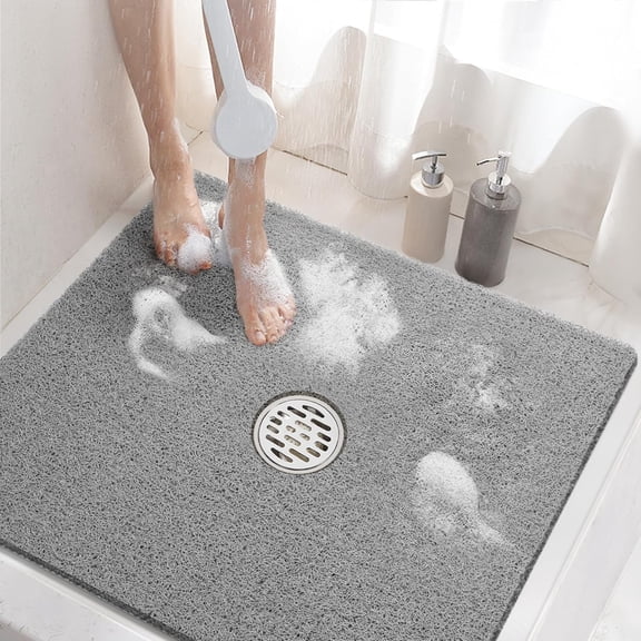 Square Shower Mat, 24 x Inch Non Slip Bath Mat for Tub, Soft PVC Loofah Bathtub Mats with Drain Holes, Quick Drying Bathroom Stall Floor Accessories Without Suction Cup, Grey