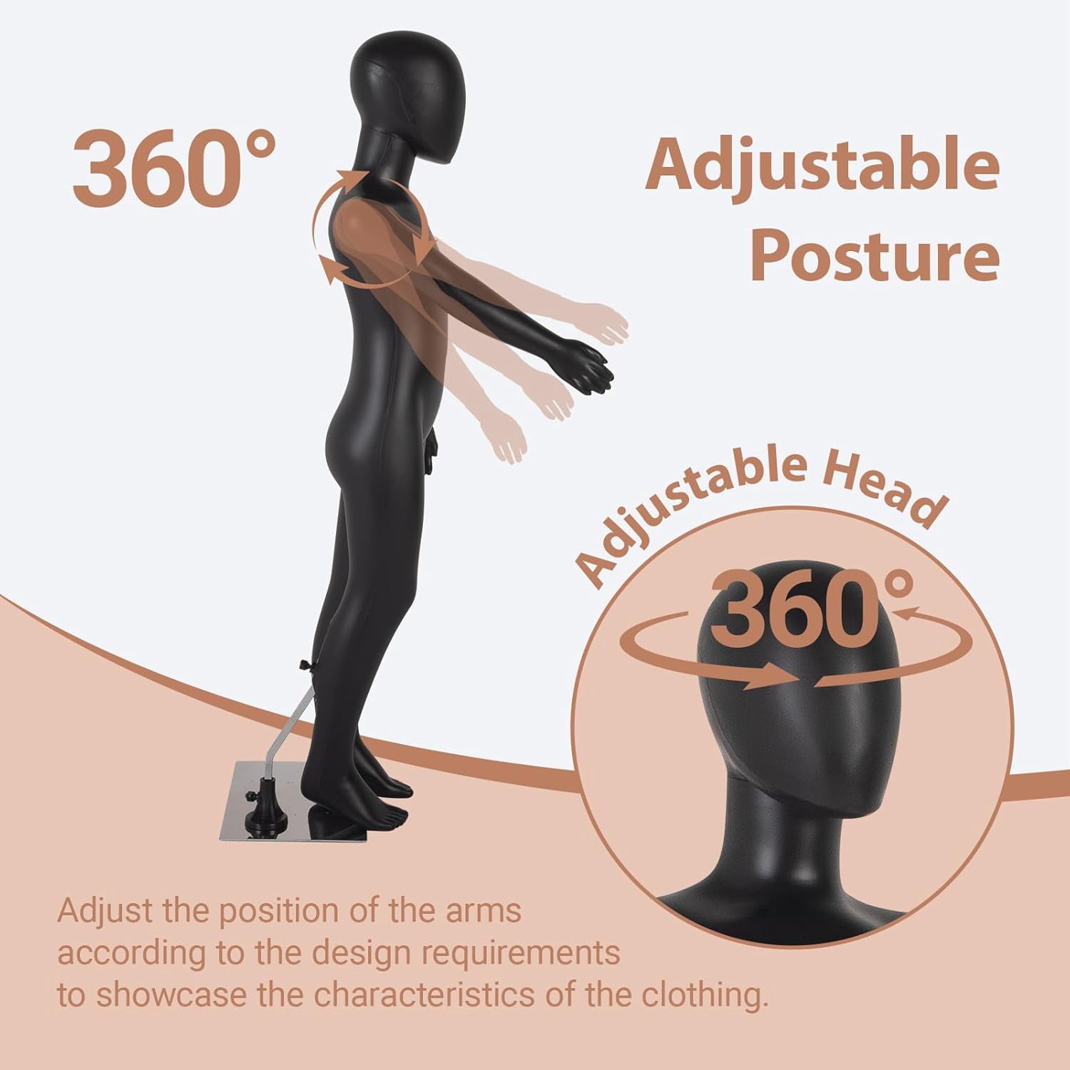 Kinbor Child Mannequin, Black Children Dress Form Mannequins, Kids Mannequins Full Body 43.3 Inches, Realistic Detachable Manikin Body Display with Metal Base
