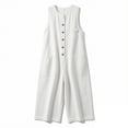 thumbnail image 6 of Long Sleeve Romper Women's Cropped Jumpsuit, Sleeveless Linen Round Neck Button Front Wide Leg Pants with Pockets, Summer Casual Daily Travel Wear White L, 6 of 6