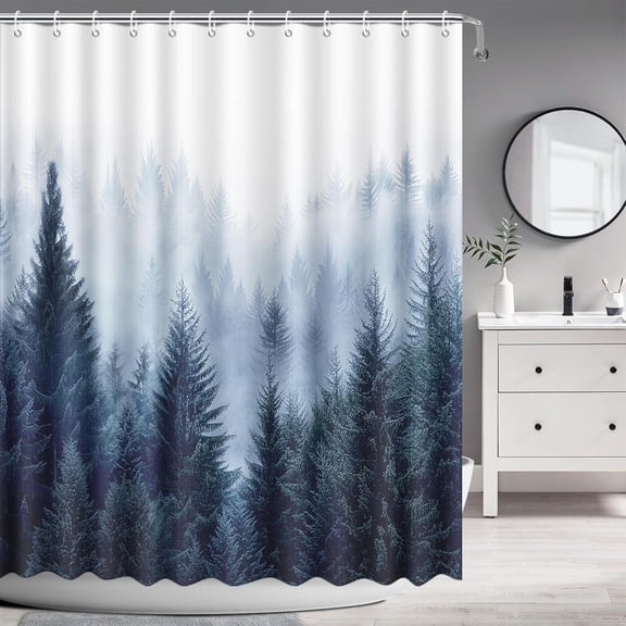 Green Misty Forest Shower Curtain Nature Woodland Artistic Shower Curtain for Bathroom Rustic Pine Tree Nature Home Bathtub Decor Fabric Waterproof Bath Curtain with 12 Hooks 60x72 Inch