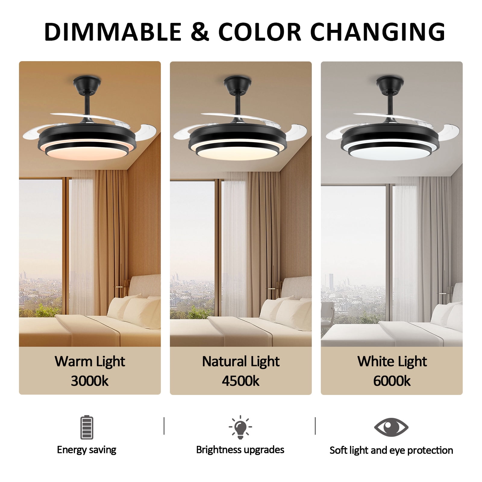 XYJBHB 42-Inch Retractable Ceiling Fan with Light and Remote, 6-Speed Dimmable LED Fandelier for Bedroom and Living Room, Black