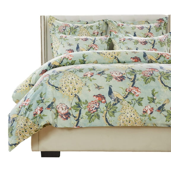 Sia 2pc XL Twin Duvet and Pillow Sham Set, Floral Jade Print Button Closure