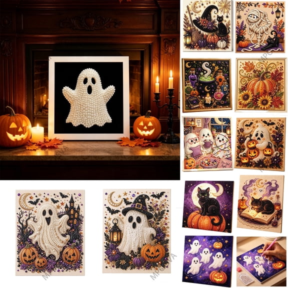 Halloween Diamond Art Kits for Adults Cute Spooky Ghost Diamond Painting with Frame Plastic Self-Framed & Complete Set for Home Decor Wall Art Beginner Crafts & Seasonal Party Gifts by MPOISVA