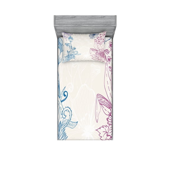 Ambesonne Floral Fitted Sheet & Pillow Sham Set, Flower Field Spring Art, Twin, Teal Lilac Dried Rose