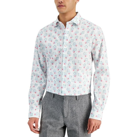 Bar III Mens Slim Fit Berry Print Dress Shirt White Pink M
