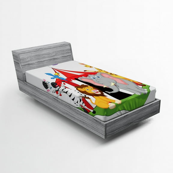 Ambesonne Animal Fitted Sheet, Circus Tent Giraffe Mime, Twin Size, Red Green Yellow