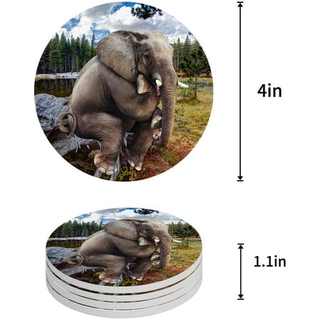 

FMSHPON Funny Elephant Sitting on The Wood and Thinking Set of 6 Round Coaster for Drinks Absorbent Ceramic Stone Coasters Cup Mat with Cork Base for Home Kitchen Room Coffee Table Bar Decor