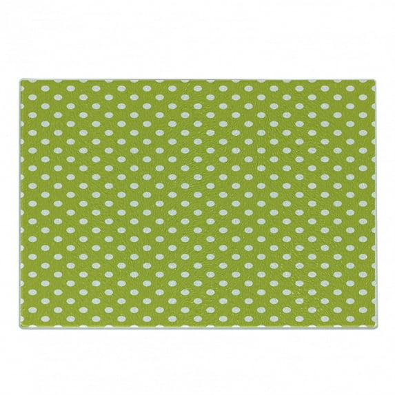 Retro Cutting Board, Vintage Old Fashioned 60s 70s Inspired Polka Dots Pop Art Style Art Print, Decorative Tempered Glass Cutting and Serving Board, Small Size, Lime Green and White, by Ambesonne