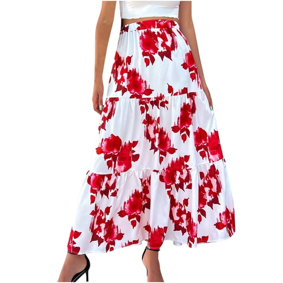 Wenini Womens Skirts Floral Print Maxi Summer Skirt Boho Elastic Waist Pleated Flowy Swing Tiered Long Beach Evening Party Casual Fashion Loose A-Line Skirt Red L