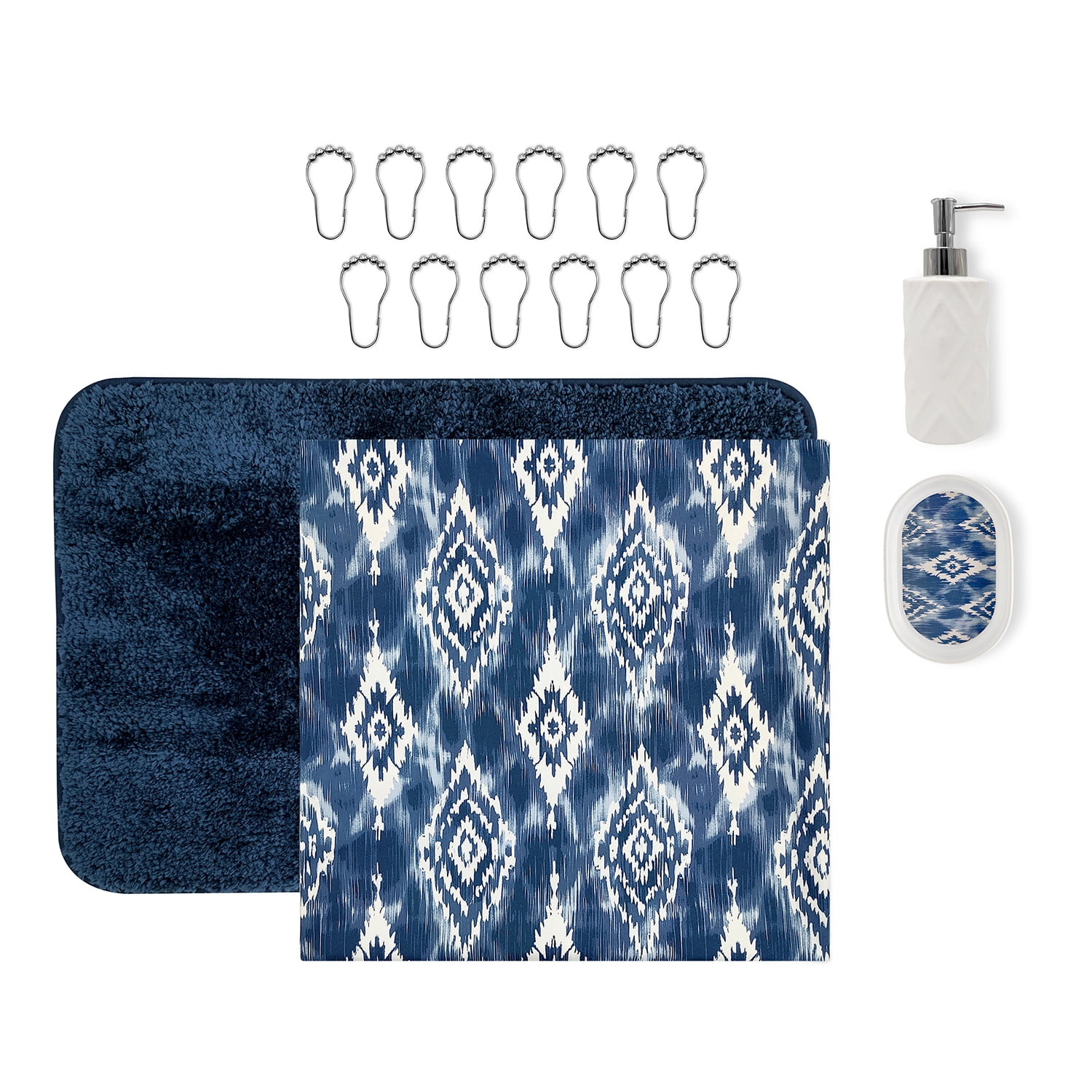Mainstays 16-Piece Blue Ikat Shower Curtain Bathroom Set – Fabric Curtain with Rug, Hooks, Soap Dispenser & Tray