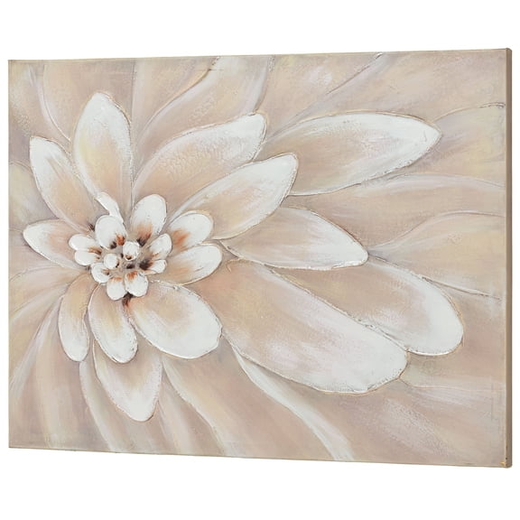 Bursting Floral Bloom Handpainted Oil on Canvas Wall Art Off White 40"Wx30"H