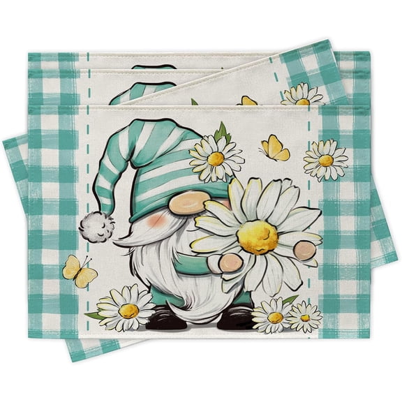 Spring Summer Gnome Placemats Set of 4, Daisy Floral Flower Teal Plaid Check Farmhouse Dining Place Mats Table Decor, Butterfly Seasonal Home Kitchen Decoration 12 x 18 Inch