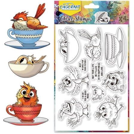 Bird Clear Stamps Teacup Silicone Stamps for Crafting Cartoon Style Transparent Silicone Stamp Seals for DIY Scrapbooking Card Making Photo Album Postard Decoration