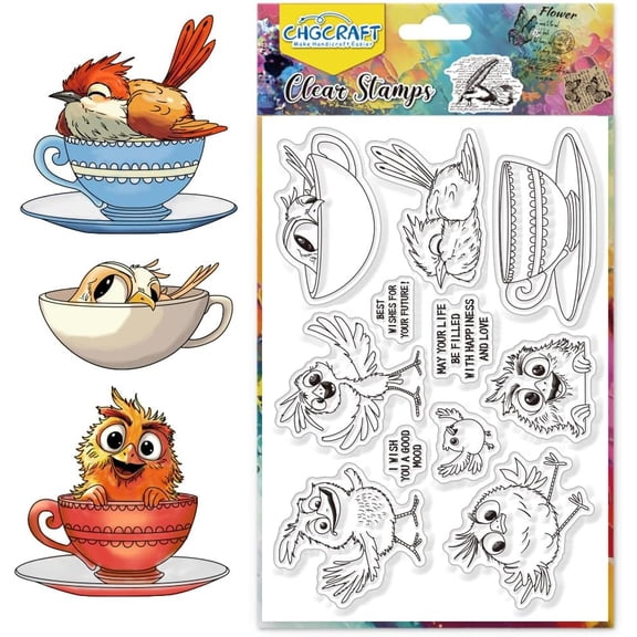 Bird Clear Stamps Teacup Silicone Stamps for Crafting Cartoon Style Transparent Silicone Stamp Seals for DIY Scrapbooking Card Making Photo Album Postard Decoration