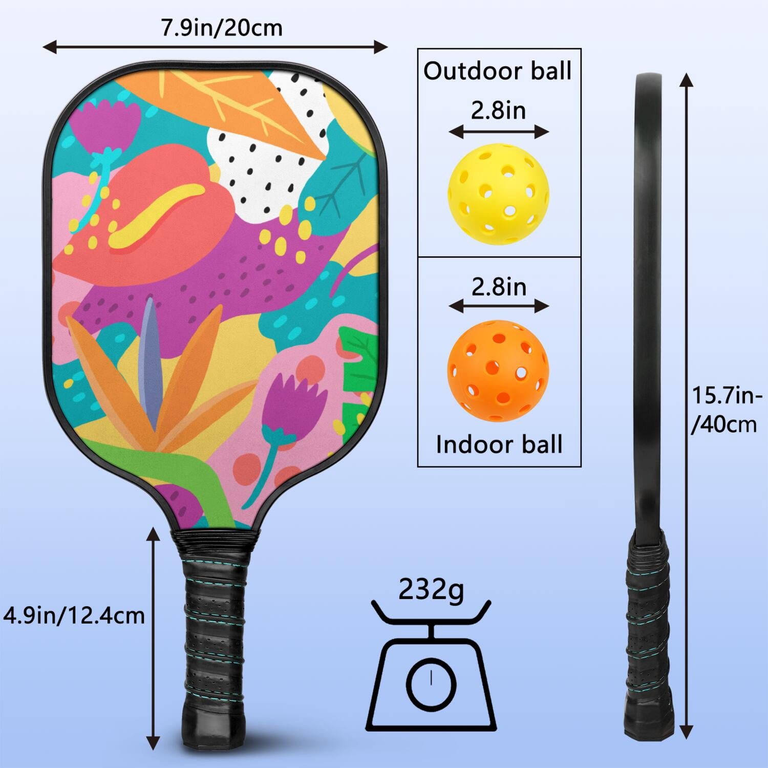 Pickleball Paddles Set Of 1, Fiberglass Surface, Tropical Leaf Print, 1 Paddle, 2 Balls & Bag