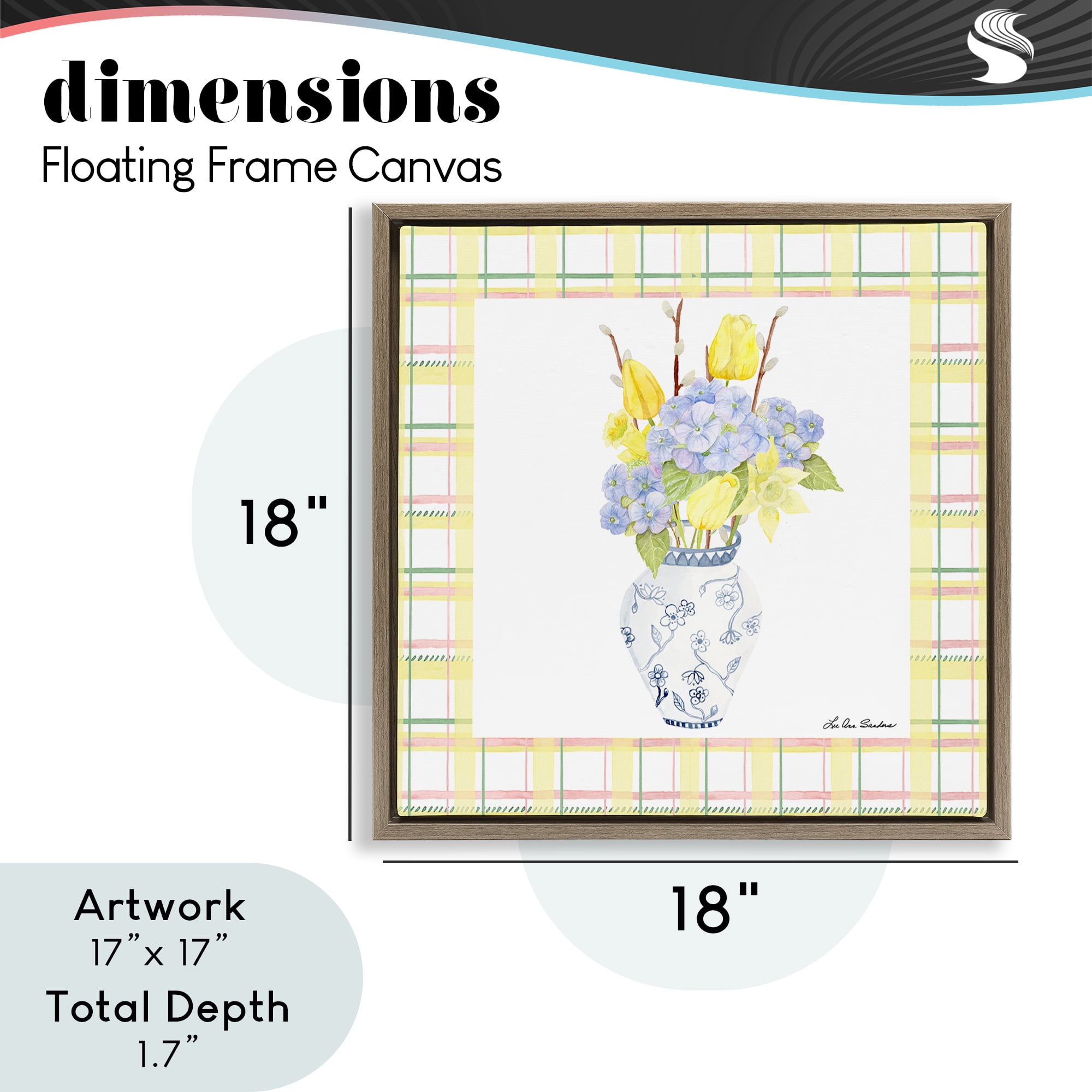Spring Vase on Yellow Plaid Brown Framed Floater Canvas Wall Art, design by Lee Ann Sanders