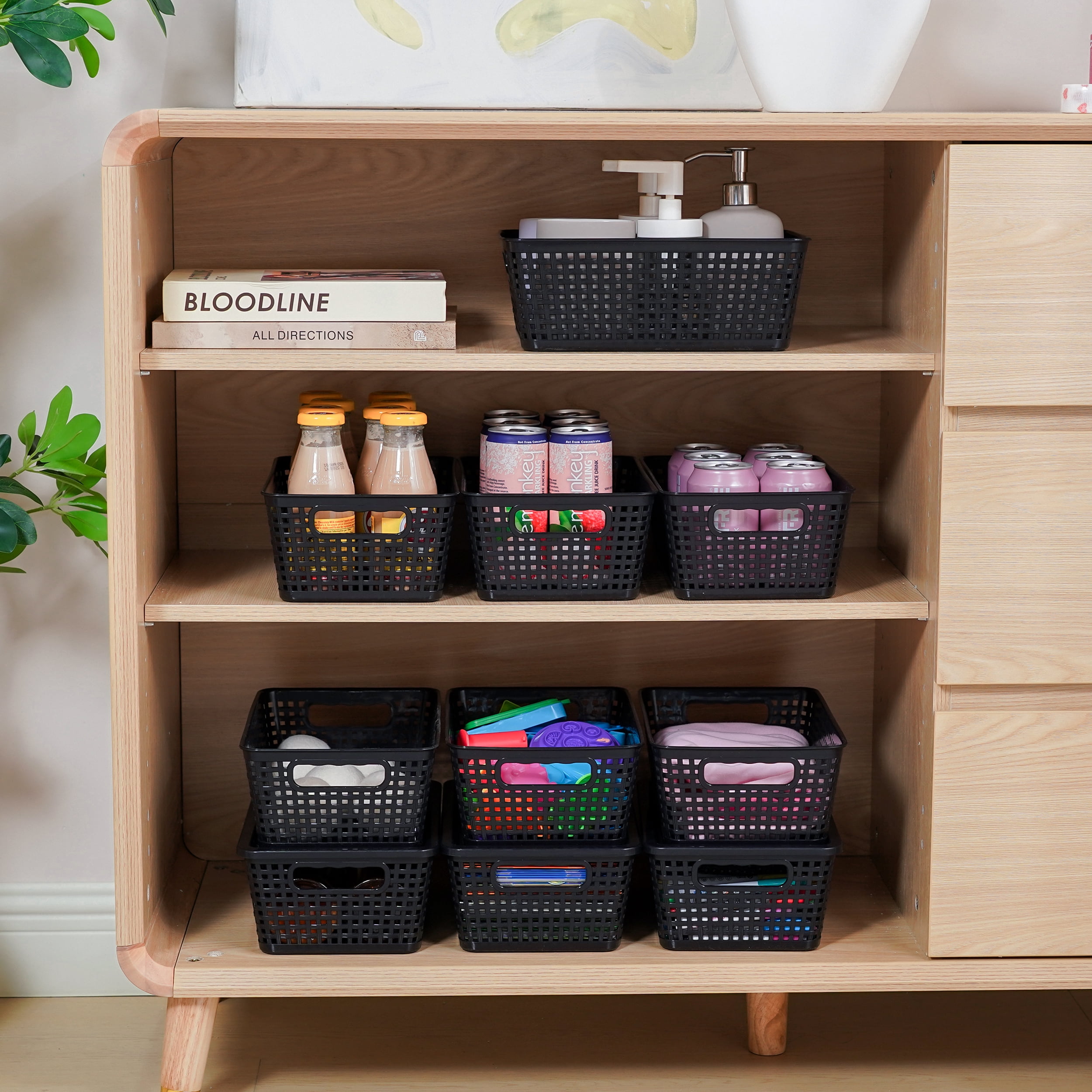 Small Plastic Storage Basket with Lid Handle 7x10.9x4 in Black 8 Pack