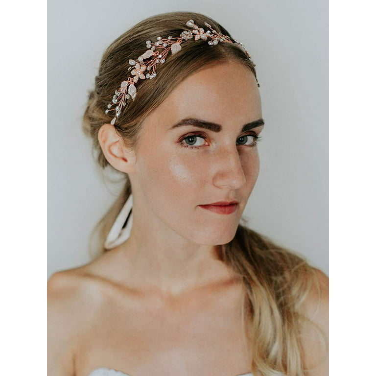 Chargances Wedding Bride Floral Red Headband Crystal Gold Hair Vine with  Pearl Rhinestone Hair Accessory Boho Delicate Hair Piece Jewelry for Women