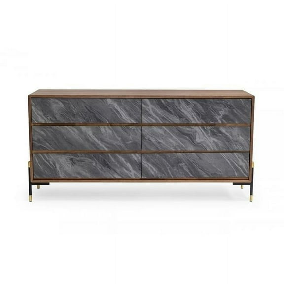 HomeRoots 473111 31 x 63 x 18 in. Walnut & Gray Faux Marble Wood Six Drawers Double Dresser