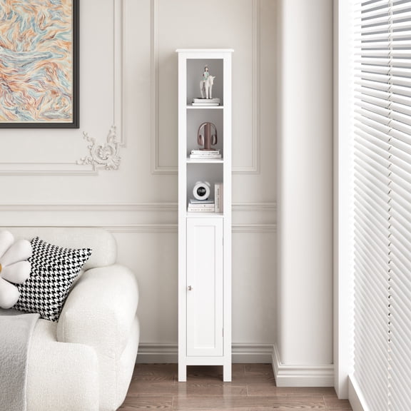 Noble House Belford 66.9" Tall Bathroom Storage Cabinet, Slim 1-Door Freestanding Cabinet with Open Shelves, White