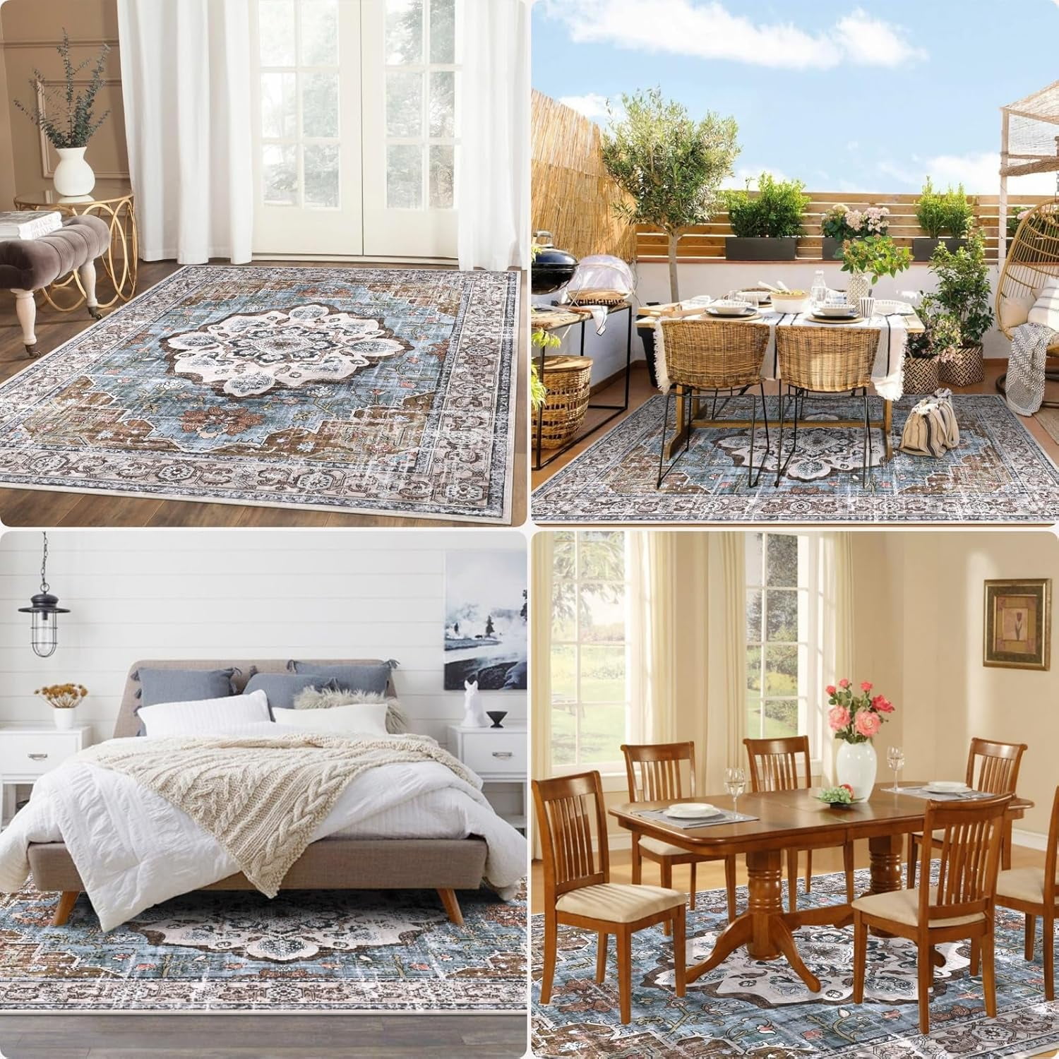 MJIAexp 8'x10' Vintage Boho Area Rug Washable Area Rug for Living Room Non-Slip Distressed Accent Rug Faux Wool Bedroom Rug Floor Carpet for Dining Room Bedroom Kitchen Entryway Office Dark Blue