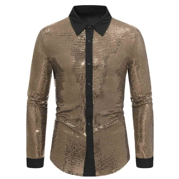 VSSSJ Men's 70s Costume Sparkly Sequins Disco Party Dress Slim Fit Long Sleeve Button Down Shirts Trendy Nightclub Prom Sequins Tops Gold M
