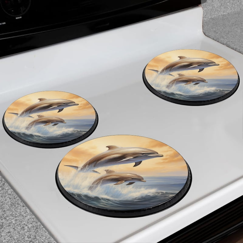 BaHomeck Electric Stove Burner Covers Set of 4,Round Metal Gas Stove Burner Covers 8 Inch and 10 Inch,Kitchen Decor,Dolphins Jumping Out Of The Water