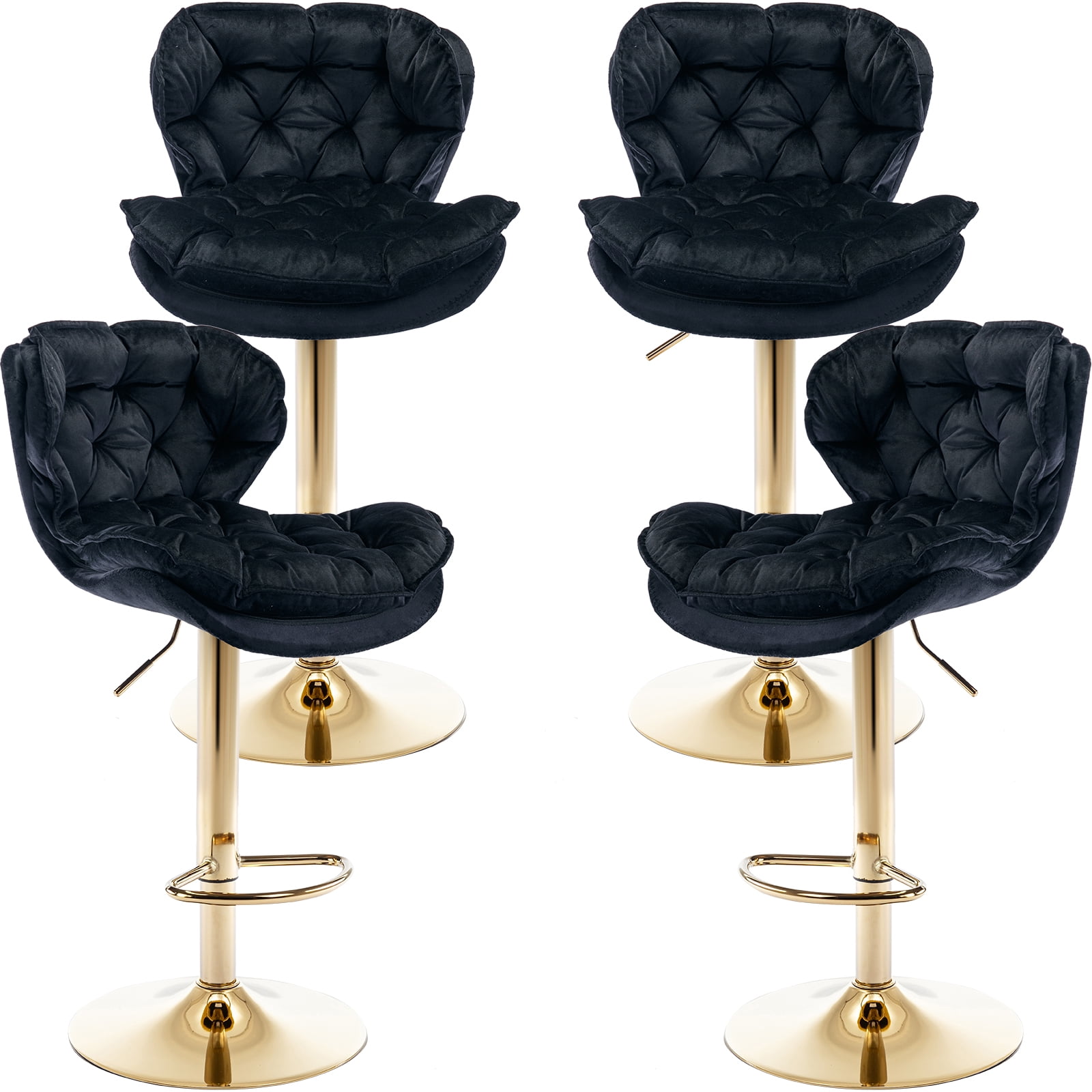 Black Velvet Swivel Bar Stools Set of 4 with Upholstered Back, 2533