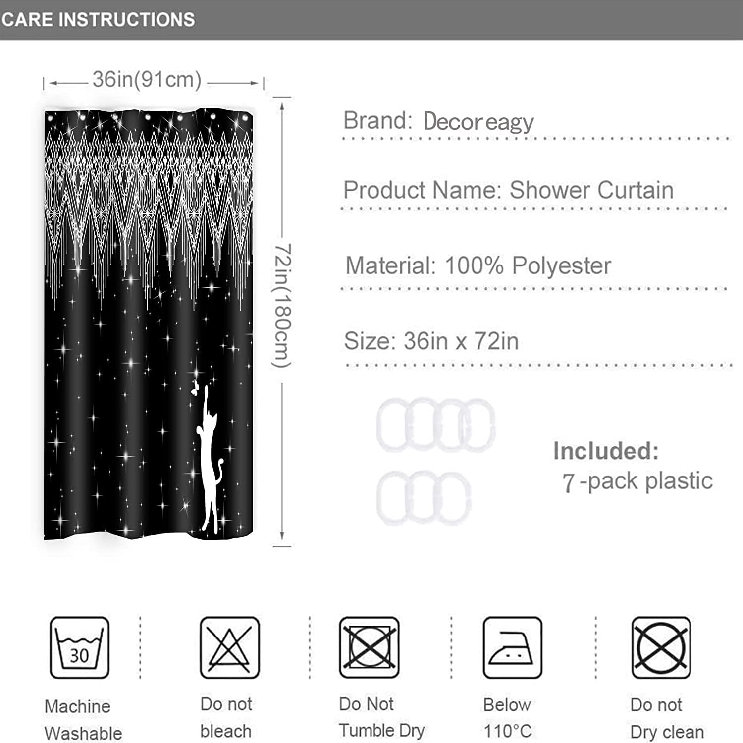 Glitter Stall Bath Shower Curtain Black Bobo Fringe Geometric Bathroom Curtain Water-Repellent Fabric with Hook Size 36"x72" Shower Curtains for Home Bathtubs Decoration