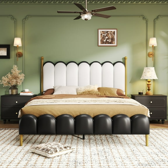 Christopher Knight Home PU Upholstered Queen Platform Bed, Wavy Headboard and Footboard Design, Black White