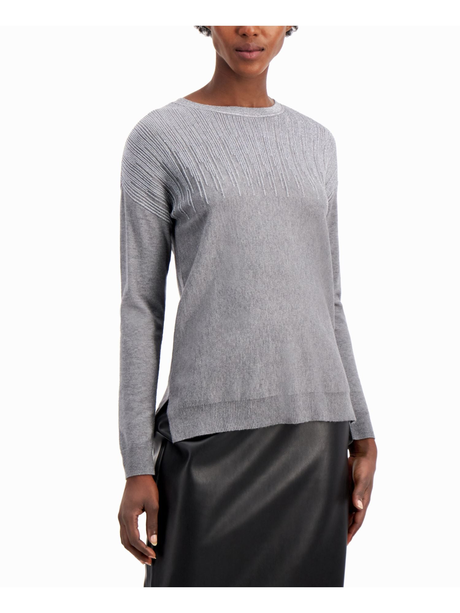 Alfani Women's Ribbed Swing Long Sleeves Casual Top Sweater Pulloever Black P/M 