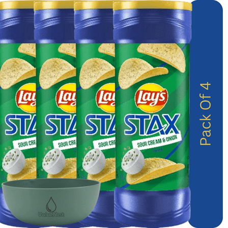 Lay's Stax Thick Potato Chips Sour Cream & Onion, 5.5 oz Canister With Olive Green Bowl By ValueNest