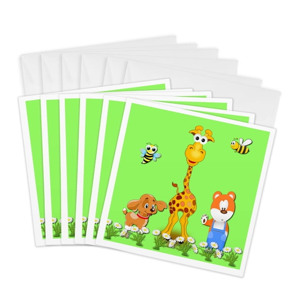 3drose, Doggy, Giraffe, Teddy Bear. Kids Décor. Cute Composition. Bright Green., 6 Greeting Cards with Envelopes