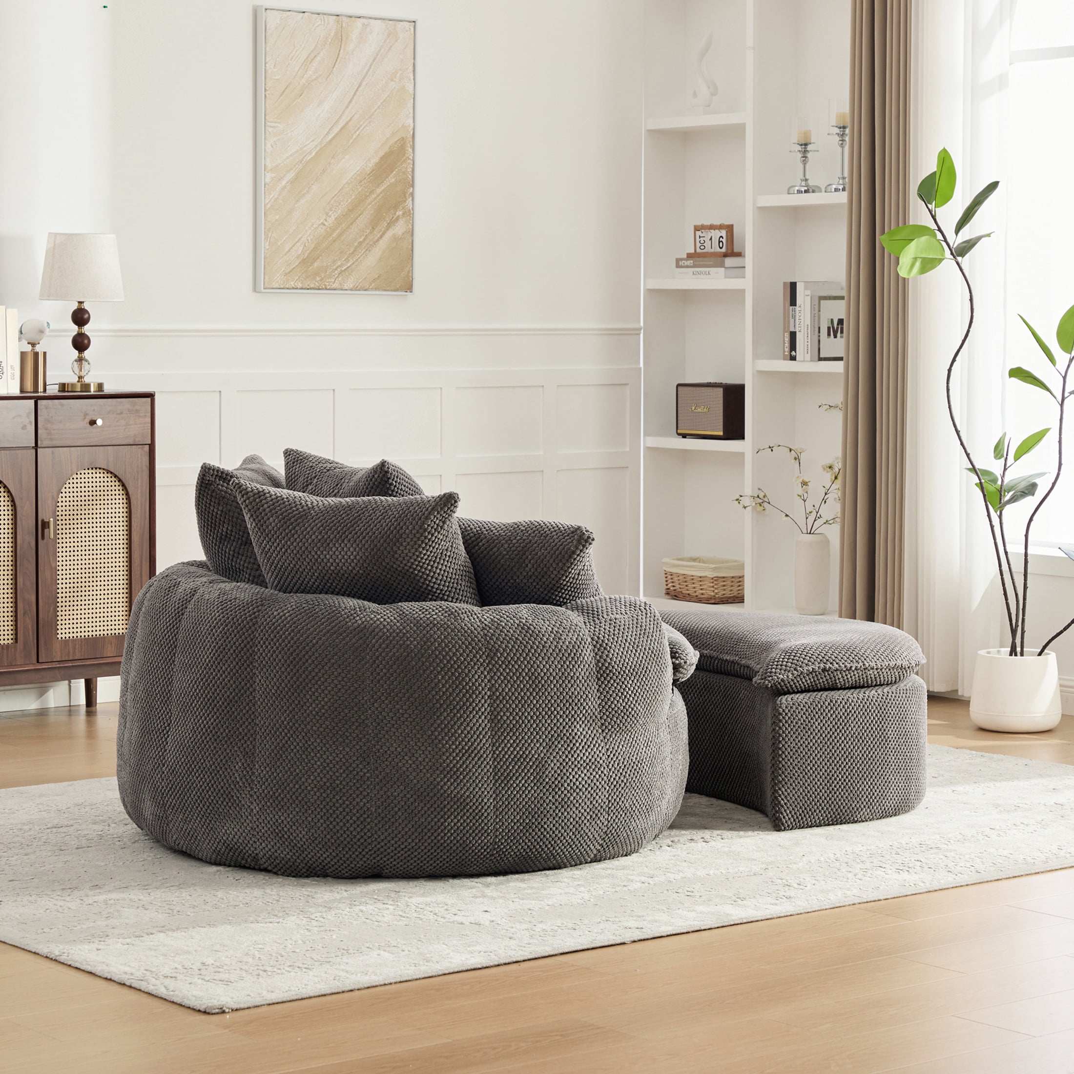 GDF Studio 53.15-Inch Oversized Pumpkin-Shaped Lounge Chair with Footstool Ottoman, Gray