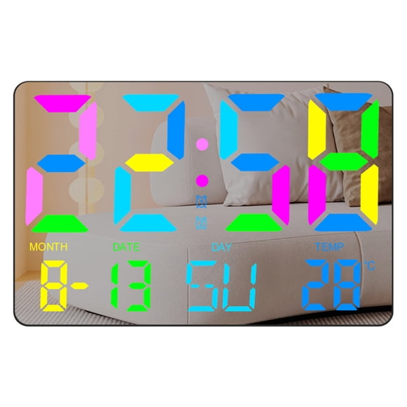 TFixol TS-5310 Digital RGB Wall Clock with Large Mirror Display, 5-Level Brightness, Date/Week/Temperature, Night Light, Black/White, Battery Included