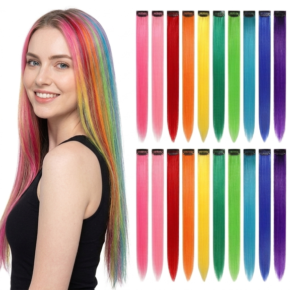ROSEXIXI 20pcs Hair Styling Accessories Fake Hair Long Straight Heat Resistant Clip in Colorful Extensions