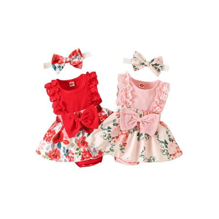 

Letiane Baby Girls Patchwork Jumpsuit Infant Flower Print Sleeveless Romper Headband Baby Summer Bodysuits
