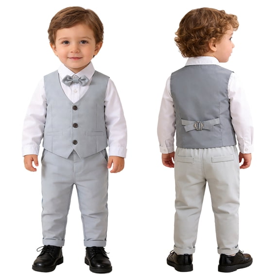 iiniim Little Boys Baby Gentleman Suit Pointed Hem Vest Bowtie Wedding Party Long Sleeves Shirt Pants Clothing Set Grey 2-3