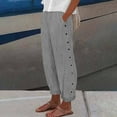 thumbnail image 2 of Mohiass Striped Linen Pants Women Side Button Elastic Waist Capri Gauze Pants Lightweight Summer Beach Cropped Trousers 2025 Black L, 2 of 5
