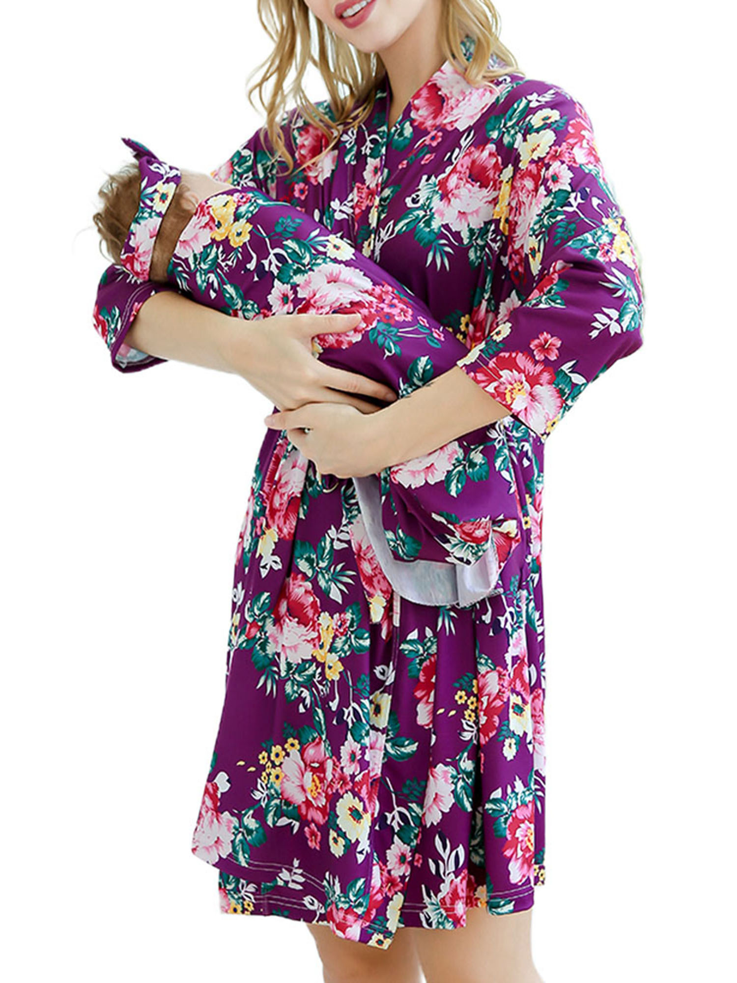 Floral Maternity Robe and Matching Baby Swaddle Blanket with Headband