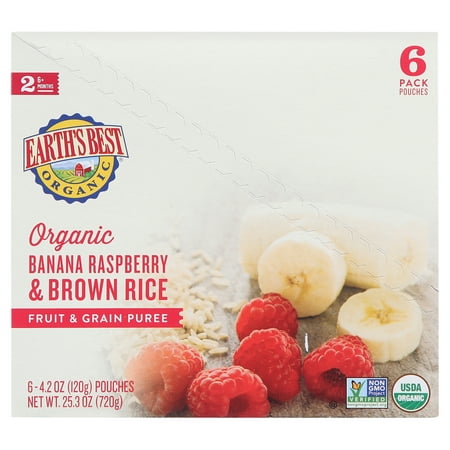 Earth's Best Organic Stage 2 Baby Food, Banana Raspberry & Brown Rice, 4.2 oz Pouches (6 Pack)