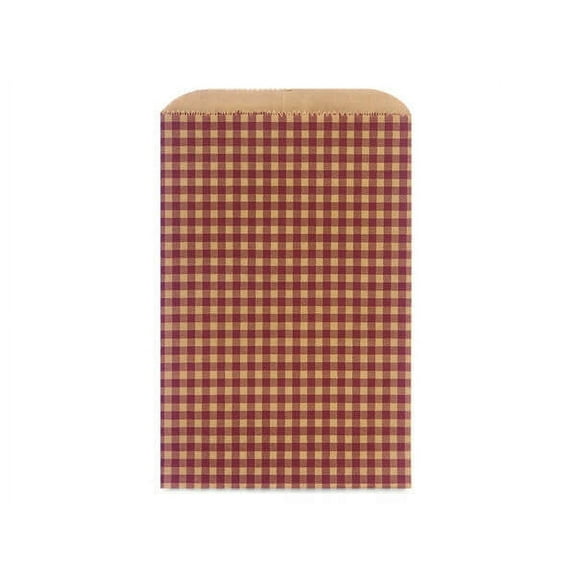 100 Pack, Burgundy Gingham Kraft Merchandise Bags, 6.25x9.25" for Food Packaging, Made in USA