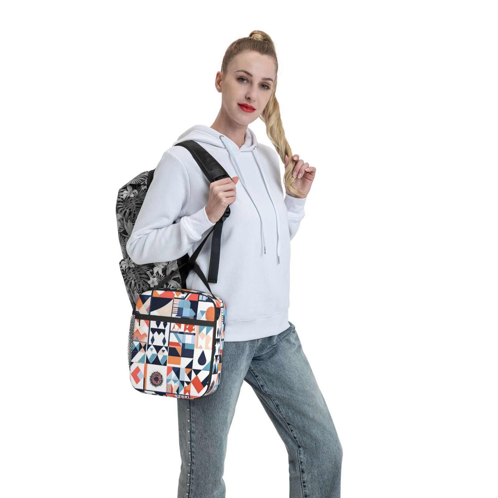 Lunch Bag For Women Men Insulated Portable Lunch Box Bento Box Office Picnic Travel Cooler Bag Aliceblue Geometric Patterns_4