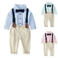 thumbnail image 4 of Odeerbi Kids Boys Cotton Clothes Gentleman Formal Dress Suit Fall Winter Outfits Set Children's Fashion Stripe Shirt Overall Pants 2-piece Set Long Sleeve Round Neck Top Shirt Set Pink, 4 of 4