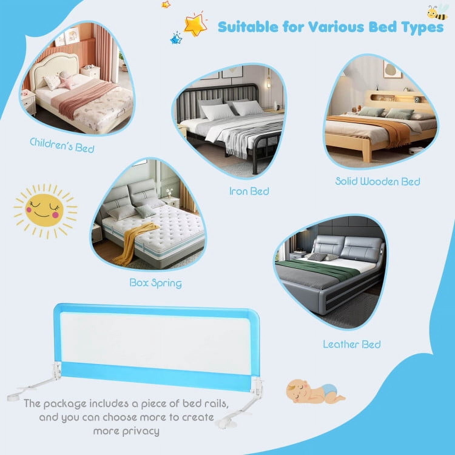 YYAo Bed Guard Rails,Bed Fence,Bed Gate for Baby,59 Inch Folding Breathable Baby Bed Rail Guard with Safety Strap-Blue