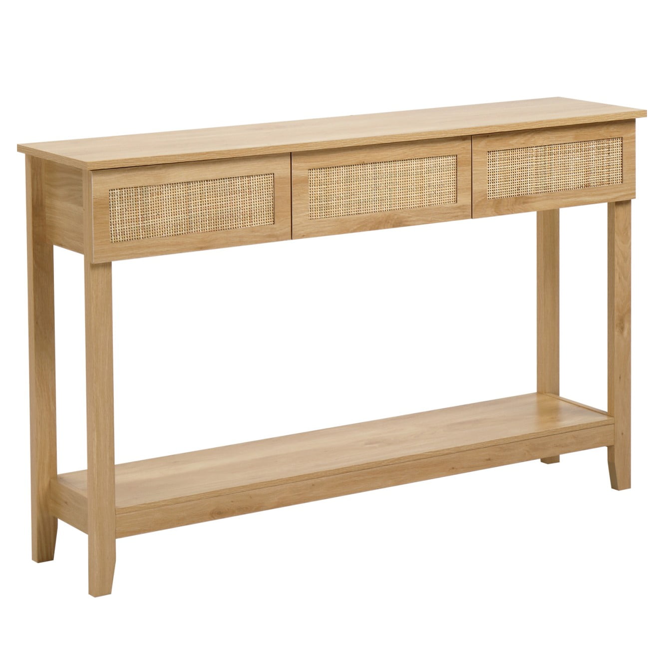 Tcbosik 51.2-Inch Boho Style Rattan Console Table with 3 Drawers & Open Shelf – Natural Wood Finish, Narrow Entryway Table for Hallway, Living Room, or Foyer