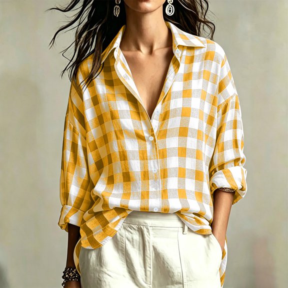 Warop Plaid Shirt for Women Fall Long Sleeve Blouses Button Down Lapel Tops Business Dressy Casual Work Outfits Clothes