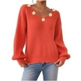 thumbnail image 2 of Aueoeo Knit Sweater, Comfortable Woman Casual Flower Ribbon Embroidery Irregular Embroidered V-Neck Sweater Tops Knitwear, 2 of 8